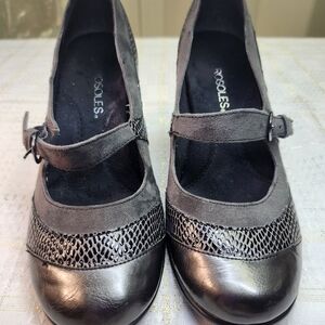 Gray Suede & Metallic Trim Mary Jane Heels